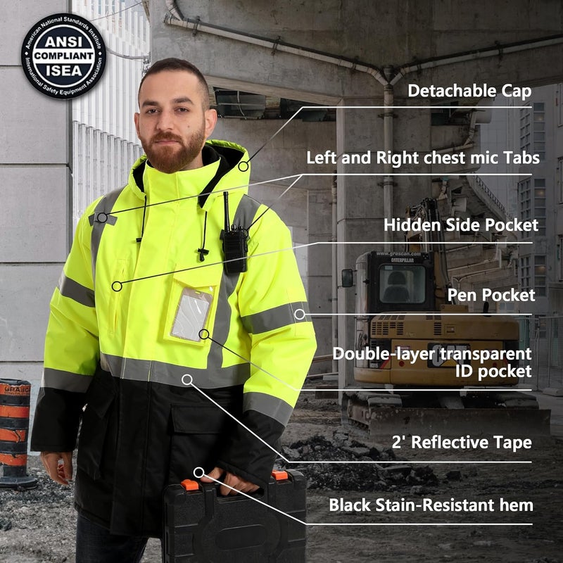 DPSAFETY Reflective Jacket, High Visibility Parka, Waterproof Hi Vis, Safety Jacket with Removable Hood and Zipper, ANSI Class 3 (Lime,3XL) - Image 4
